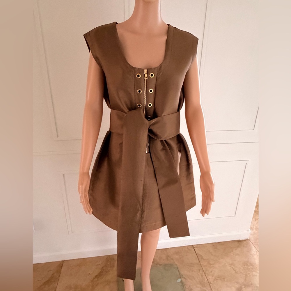 PRADA Tie-fastening Cotton and silk Minidress In brown